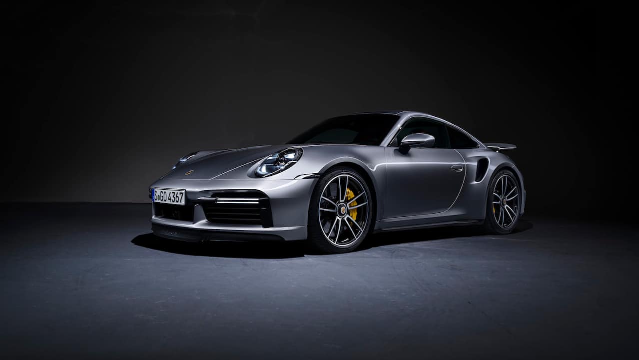 Front view of a silver 2020 Porsche 911 Turbo