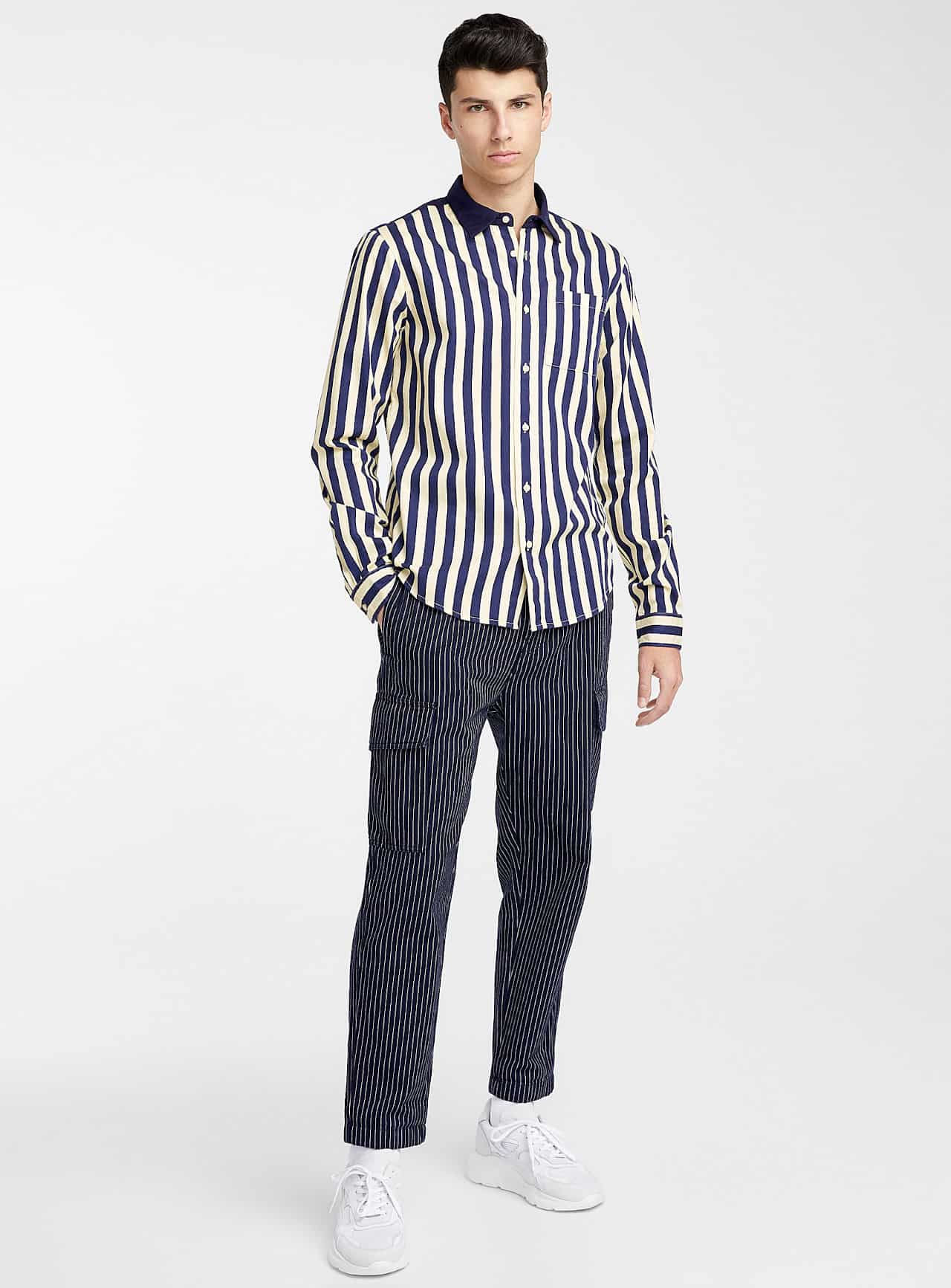 Male model men's striped shirt black stripes