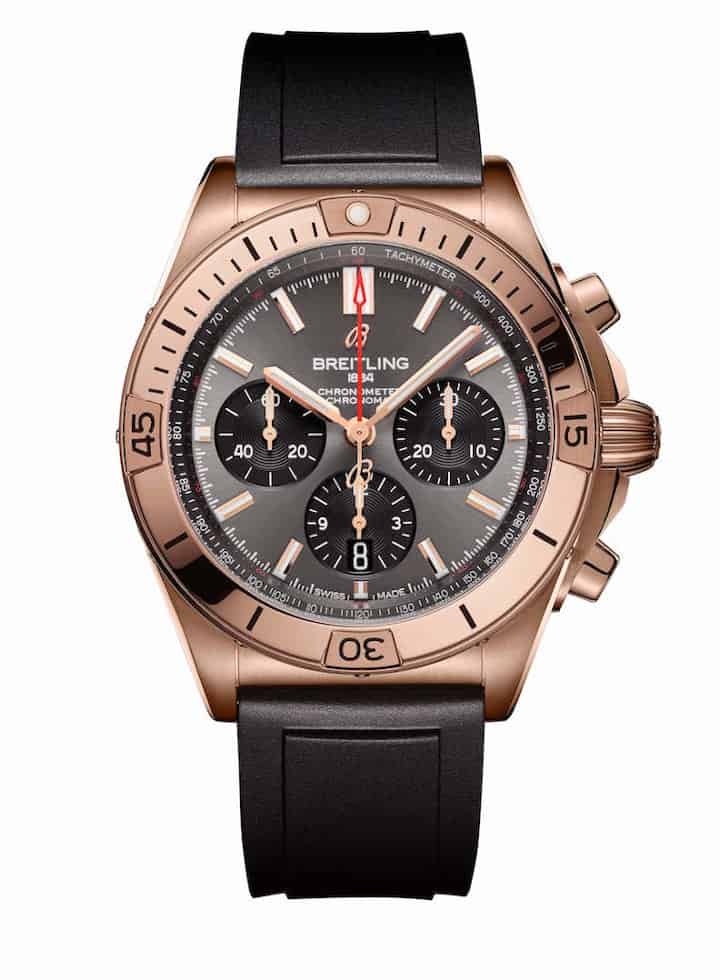 Chronomat B01 42 in 18 k red gold with an anthracite dial and black contrasting chronograph counters
