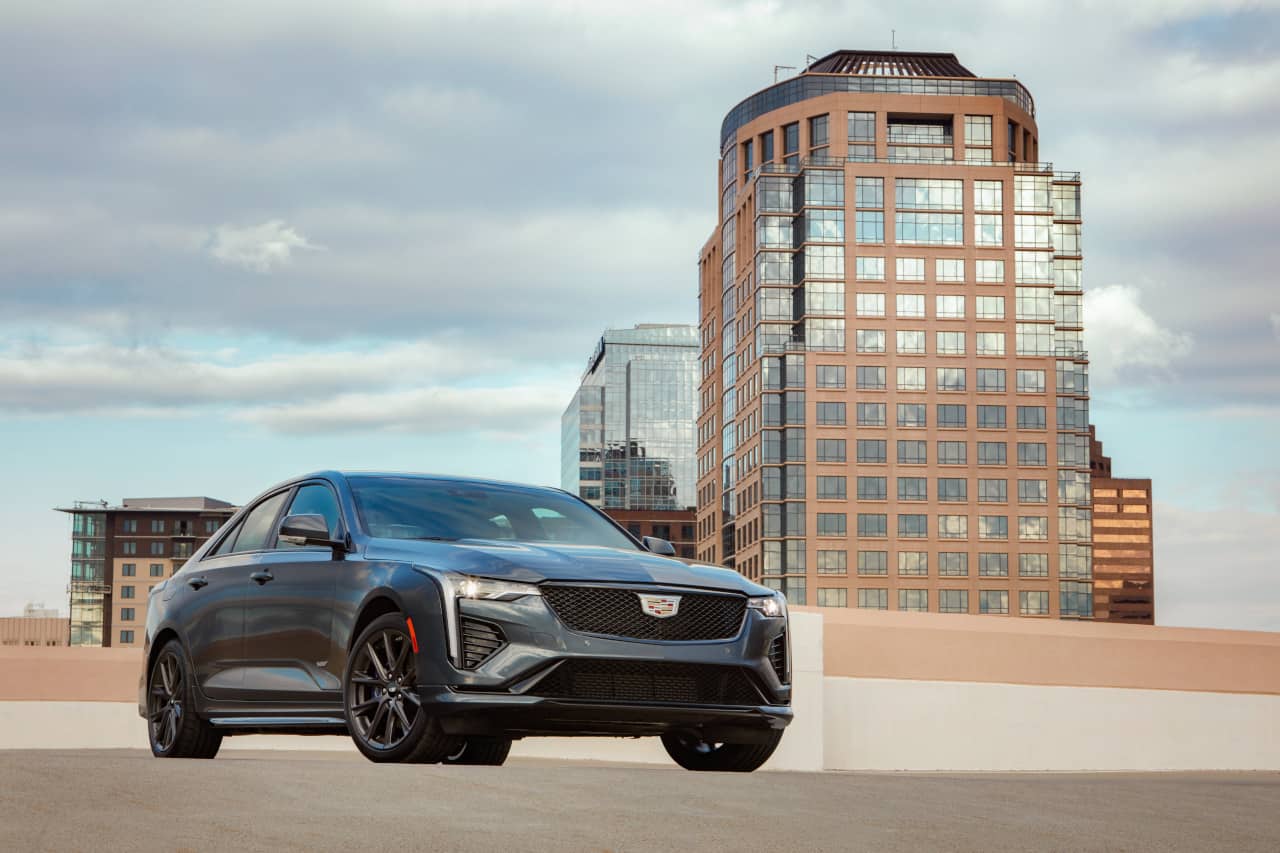 Front shot of the 2020 Cadillac CT4 on the upper level of a parking garage