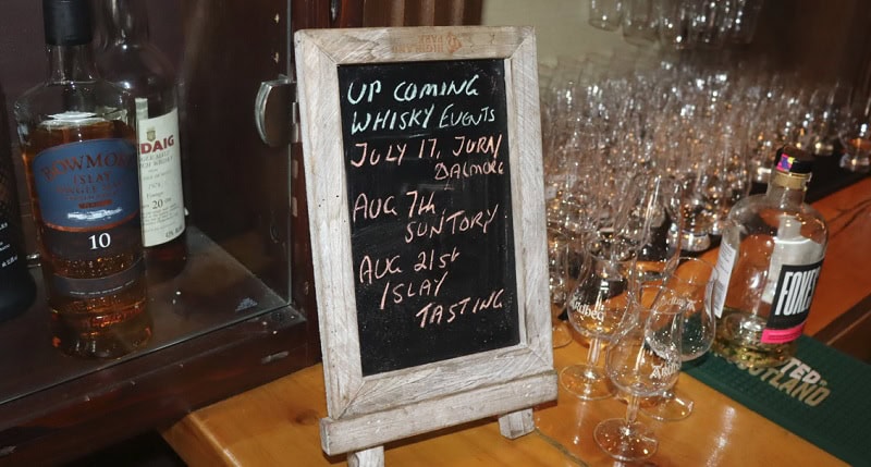 The Event Board At The Caledonian Shows Upcoming Whiskey Tasting Activities.