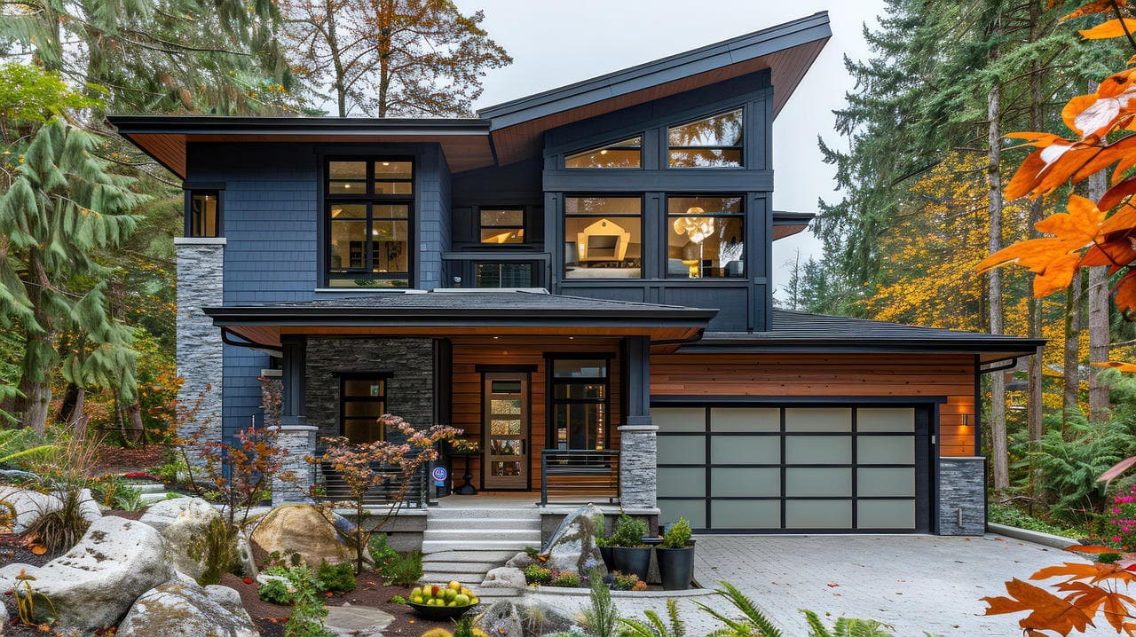luxury home, exterior image, woods