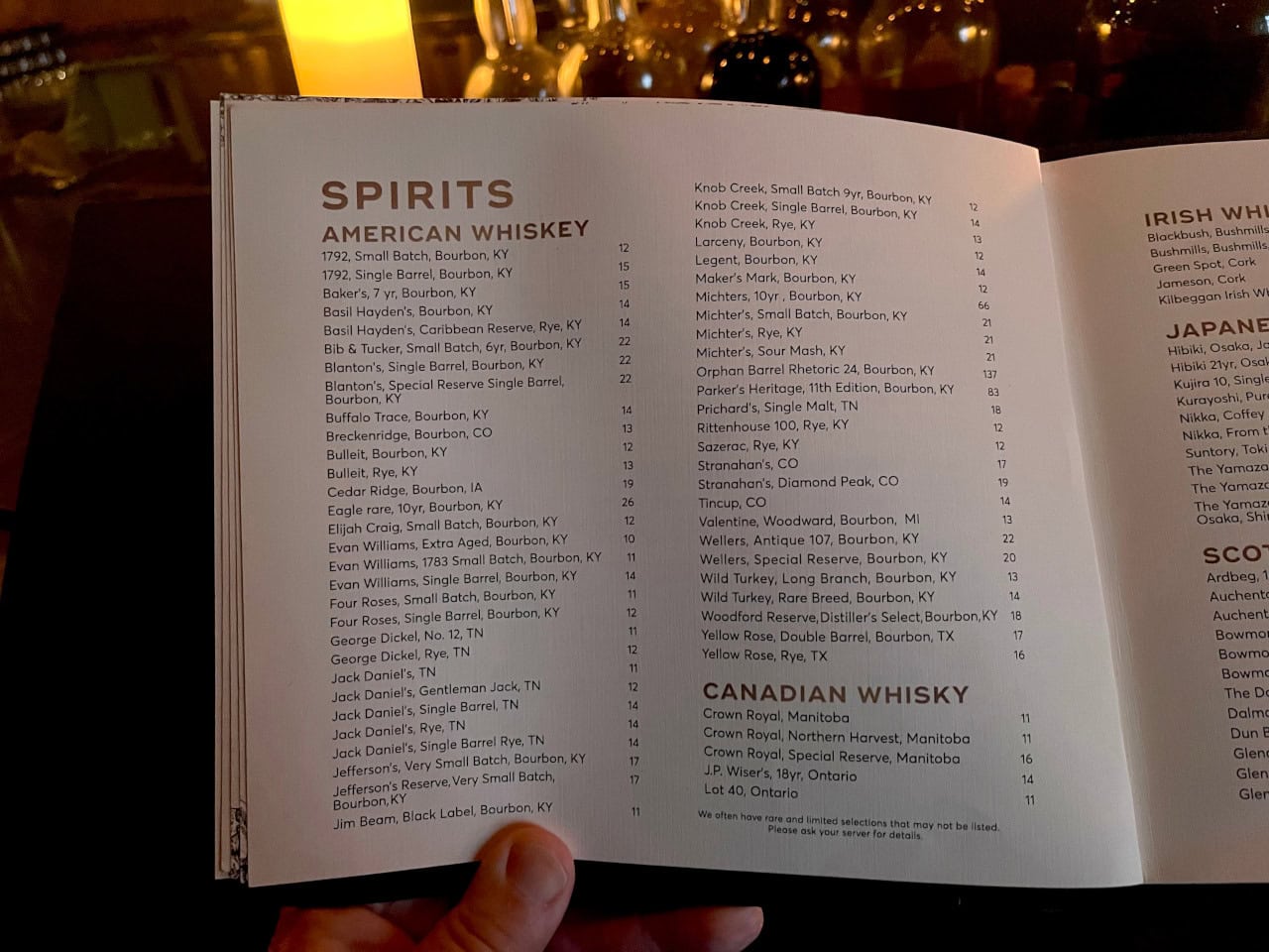 Barchef, Whiskey Menu