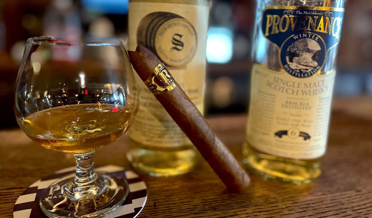 home scotch bar, Cuban cigar, bottle of scotch
